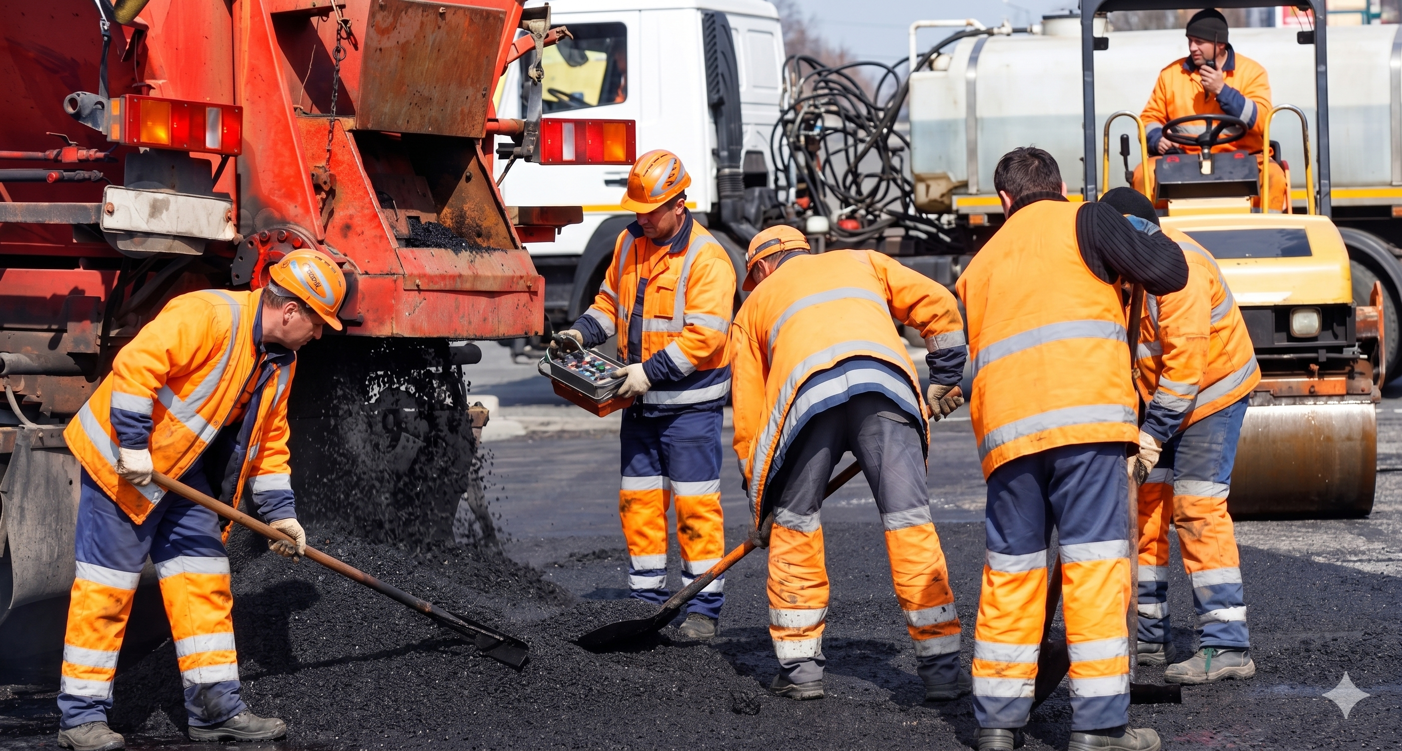 Equipo de ingeniería trabajando en obra de pavimentación